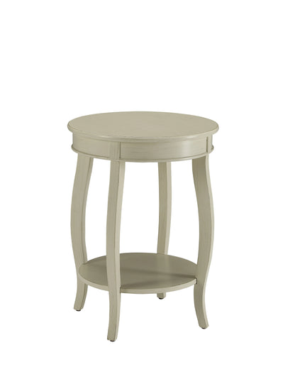 Antique white round end table with a single drawer and lower shelf on a white background