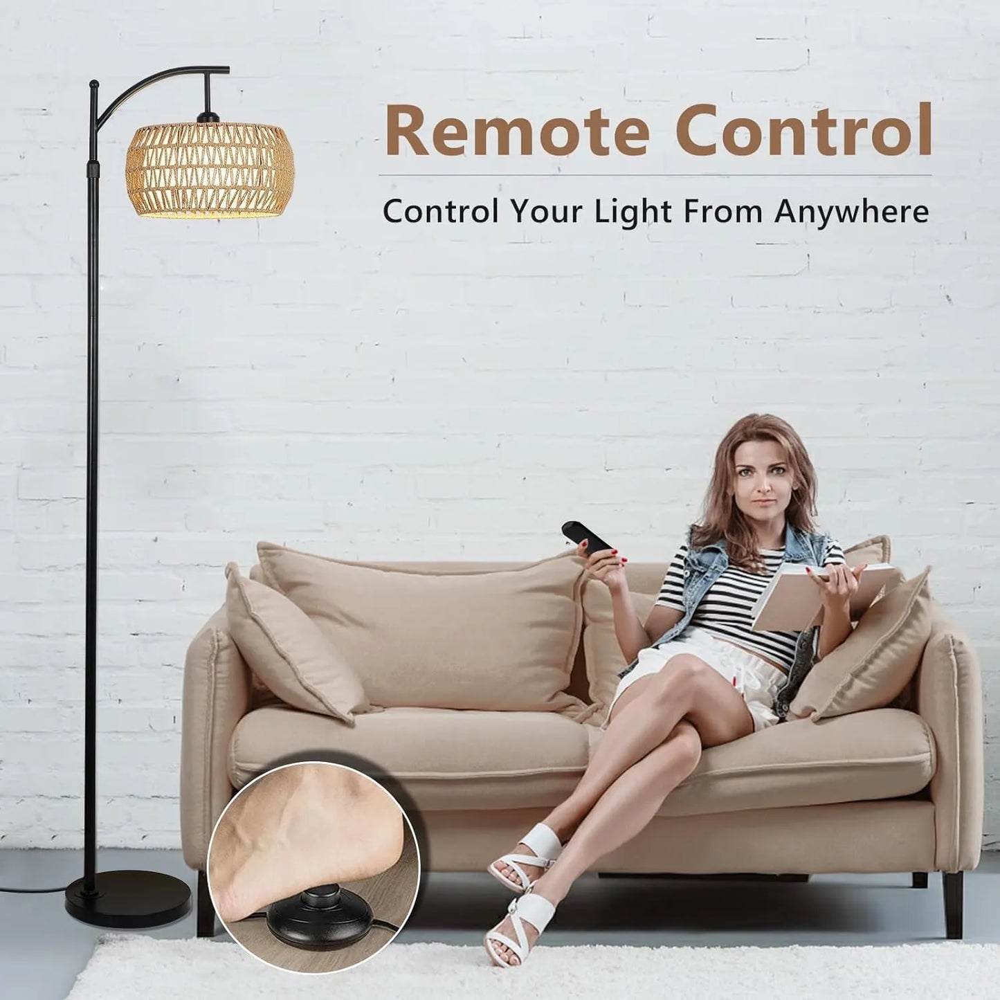 Woman sitting on a couch holding a remote control with a floor lamp and text about remote control lighting.