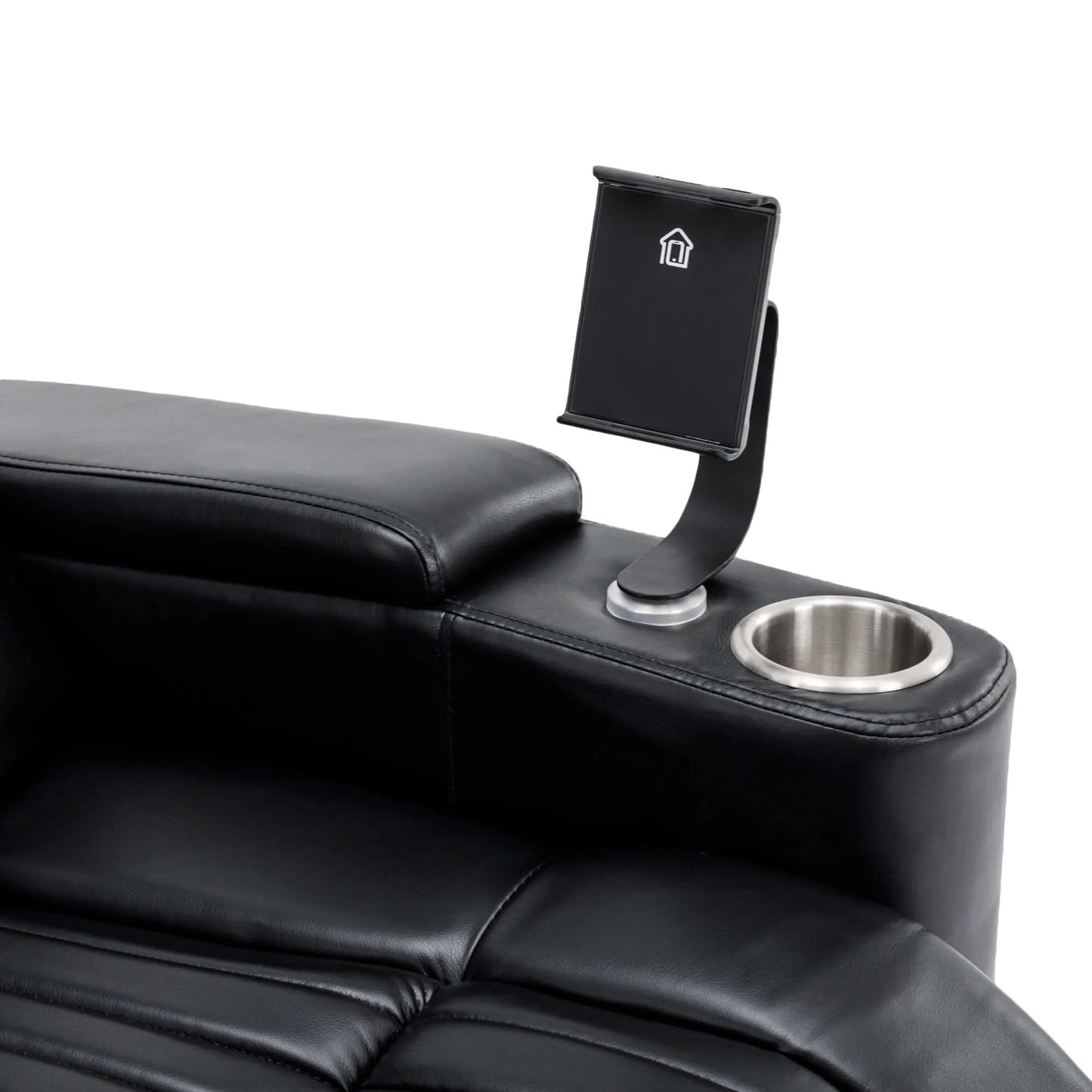 Black leather recliner with cup holder and phone stand on a white background