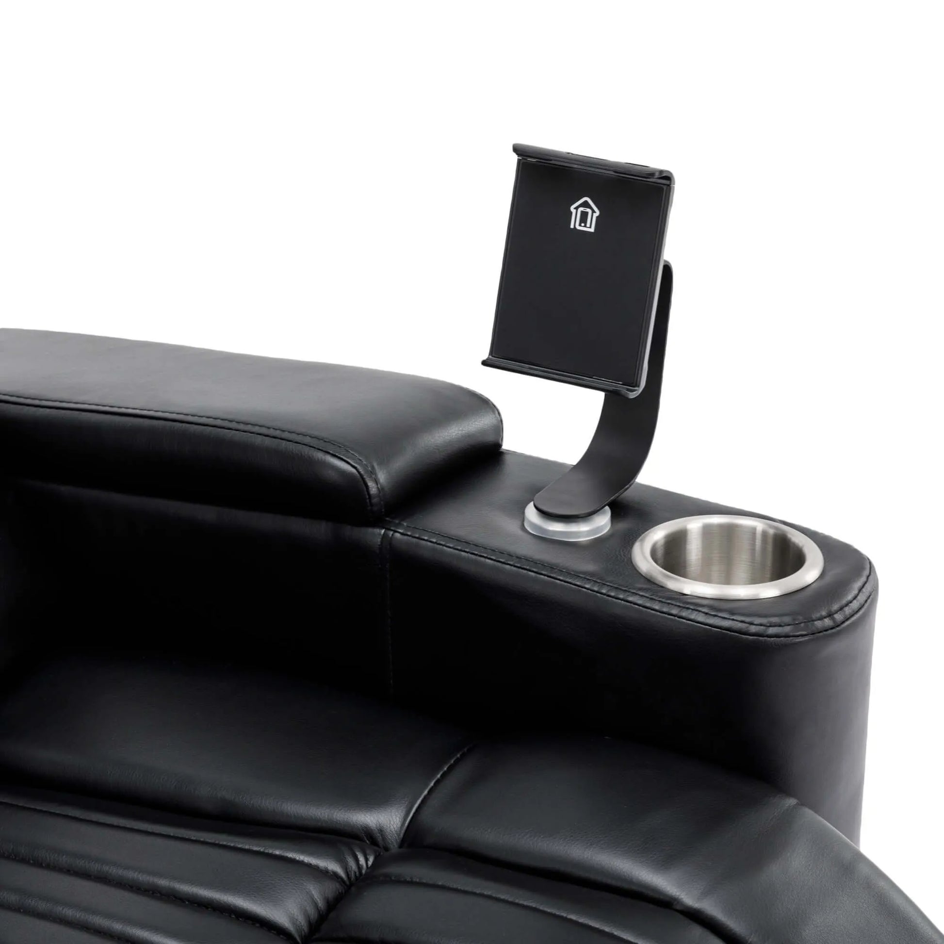 Black leather recliner with cup holder and phone stand on a white background