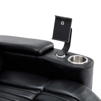 Black leather recliner with cup holder and phone stand on a white background