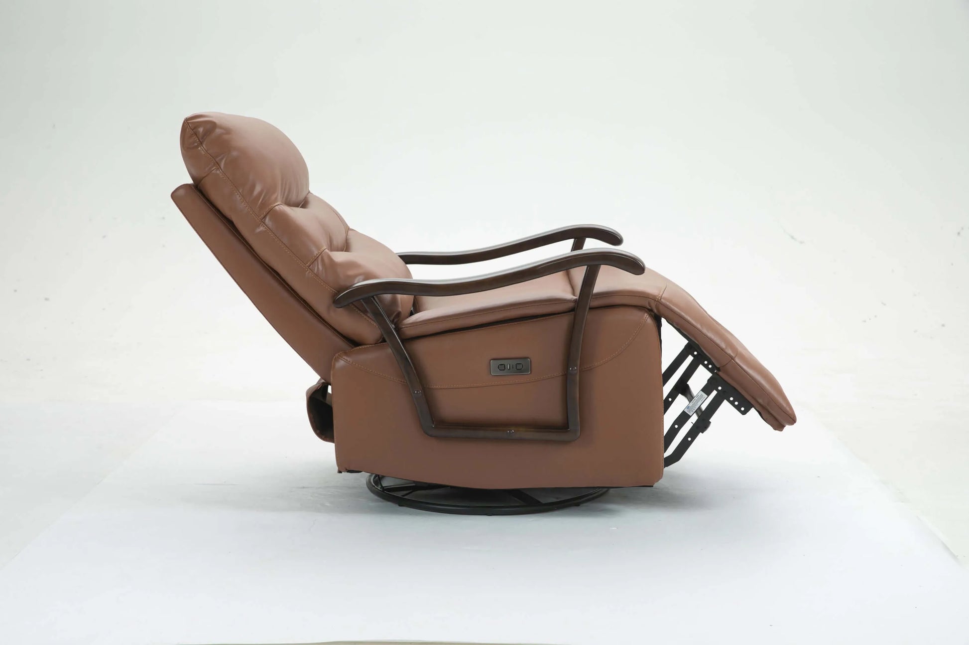 Side view of a partially reclined brown recliner chair on a white background