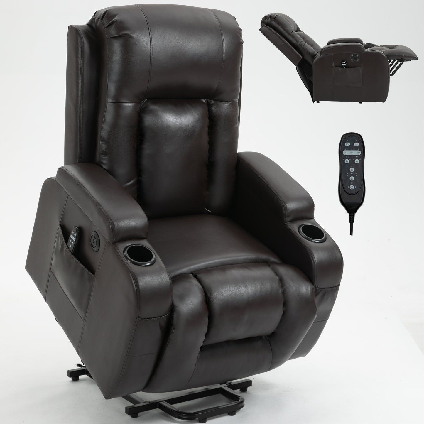 350 LB Power Lift Recliner w/ Massage, Heat, USB & Cup Holders-Brown