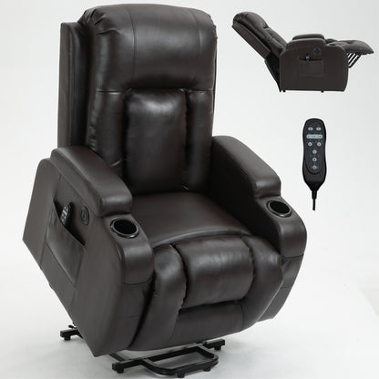 350 LB Power Lift Recliner w/ Massage, Heat, USB & Cup Holders-Brown