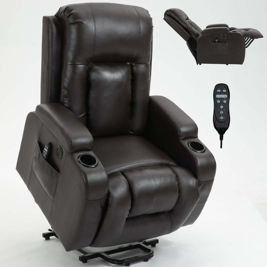 350 LB Power Lift Recliner w/ Massage, Heat, USB & Cup Holders-Brown