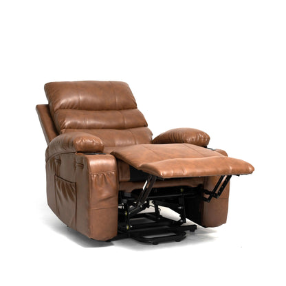 Front view of a brown faux leather power lift recliner chair in full reclining position on a white background