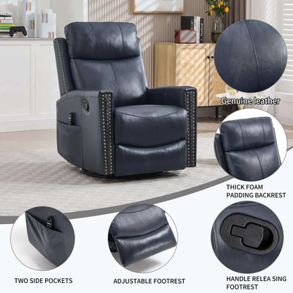 Blue leather recliner chair with features highlighted in a room setting
