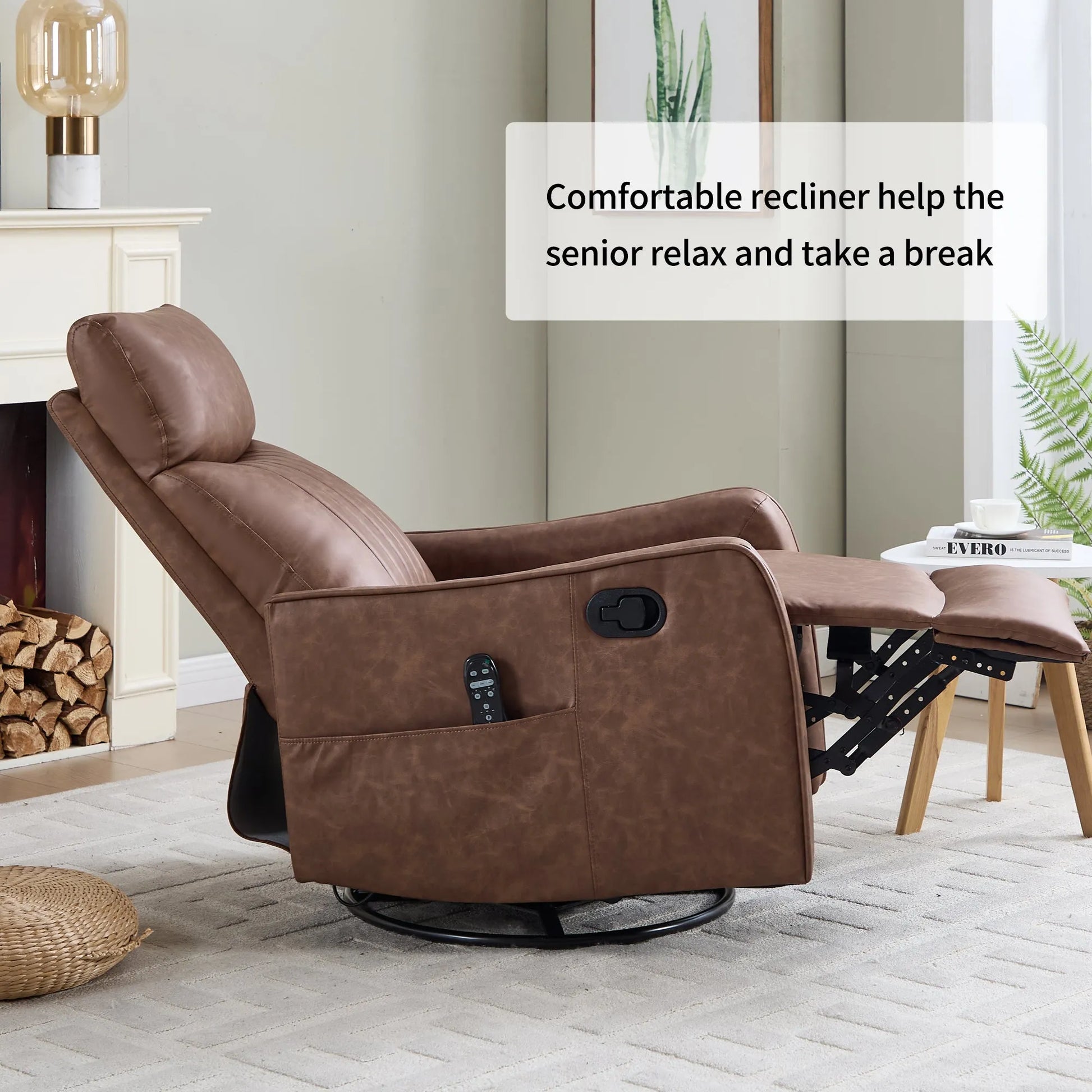 Brown recliner chair in a living room setting with text about its benefits.