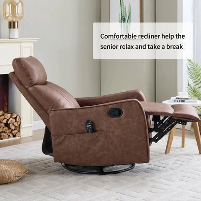 Brown recliner chair in a living room setting with text about its benefits.