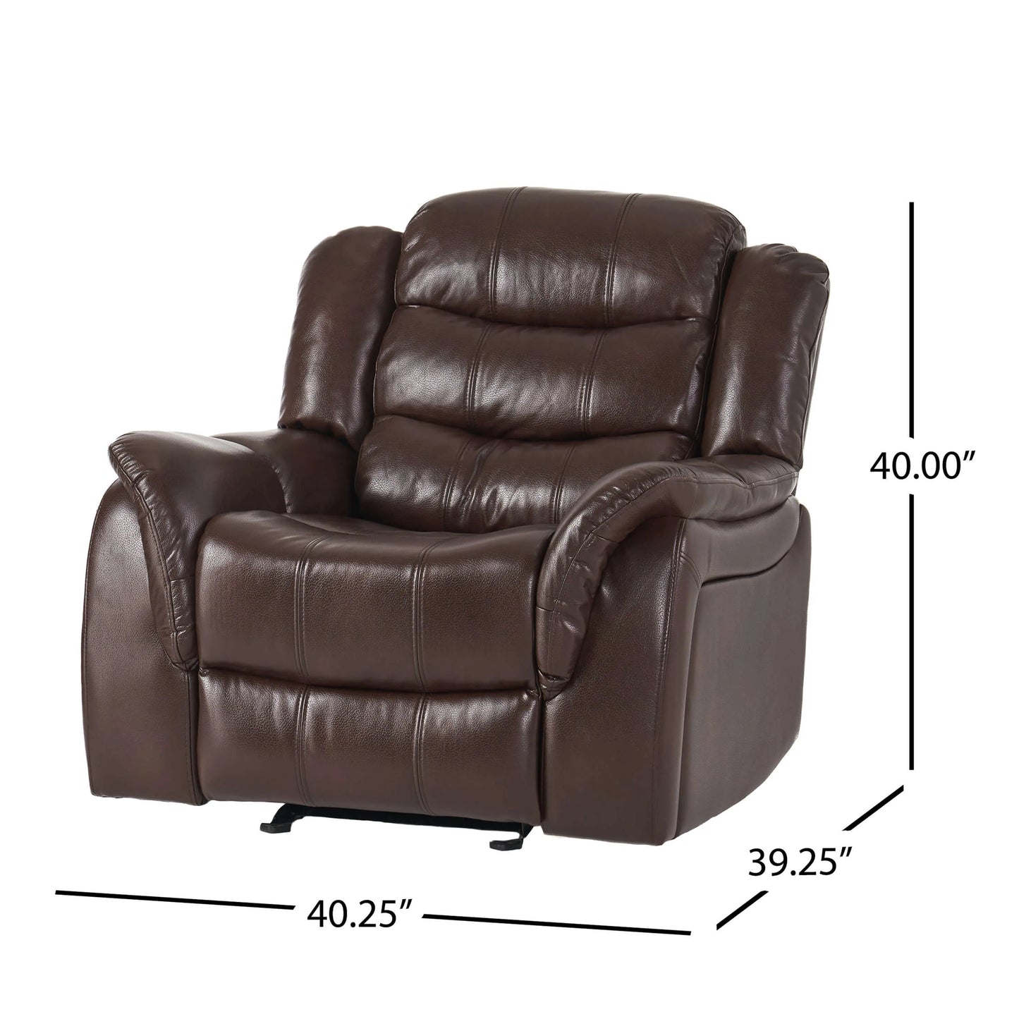 Dark brown faux leather glider recliner chair with dimensions on a white background