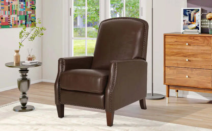 Dark Brown Recliner Chair with Rivets - Right angle view in room