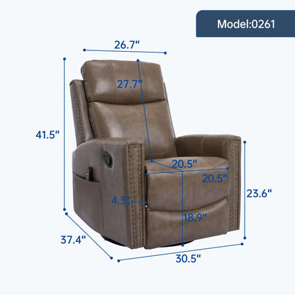 Brown recliner chair with dimensions marked on a white background