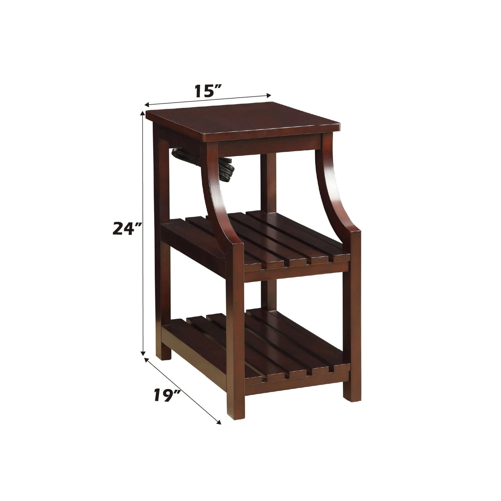 Wooden end table with dimensions labeled on a white background