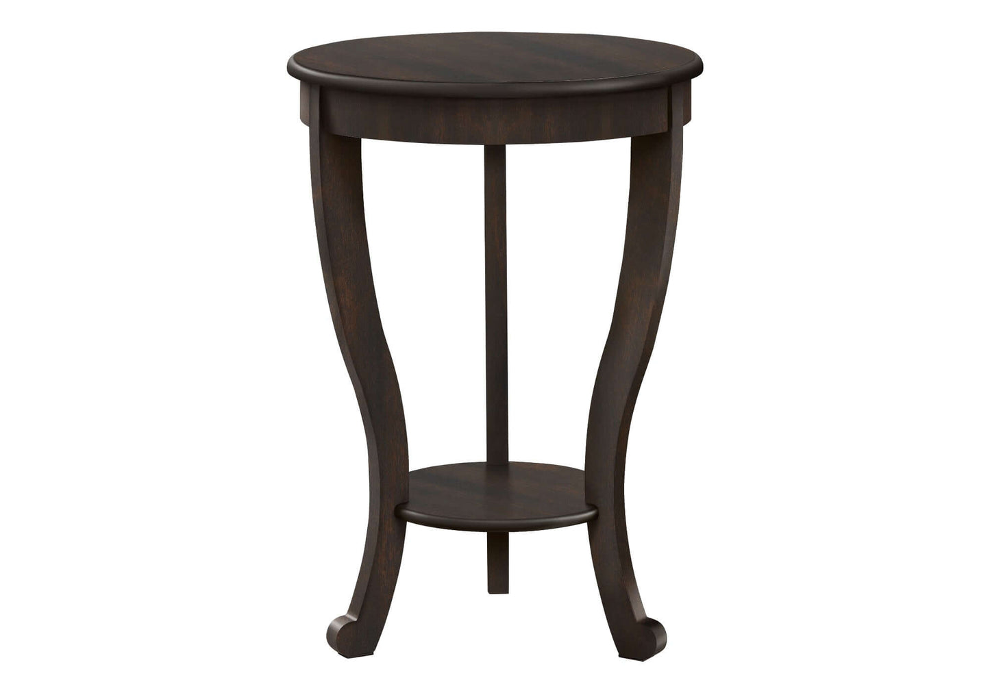 Round wooden side table with a walnut finish on a white background