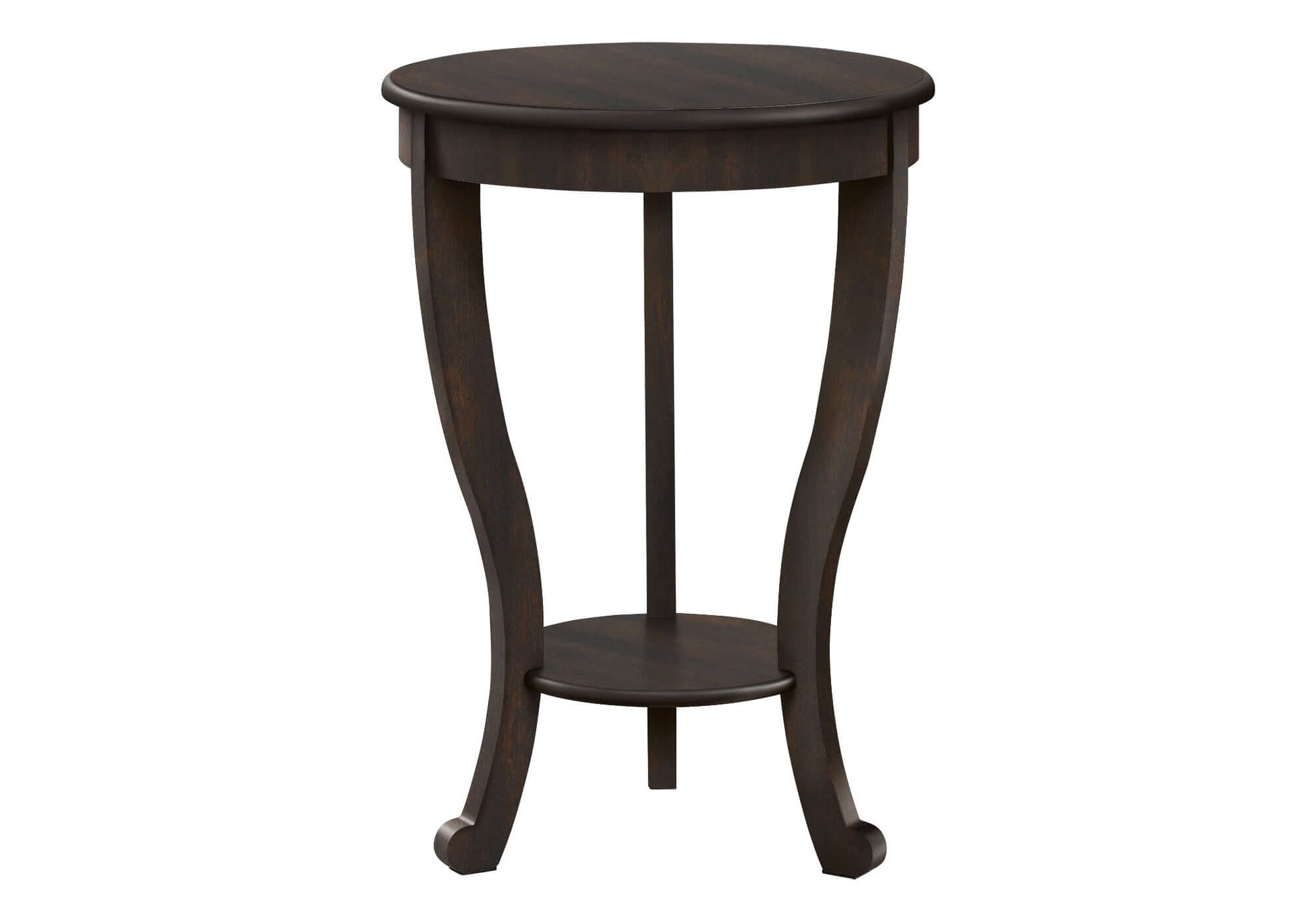 Round wooden side table with a walnut finish on a white background