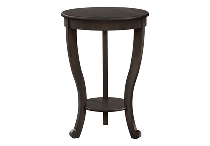 Round wooden side table with a walnut finish on a white background