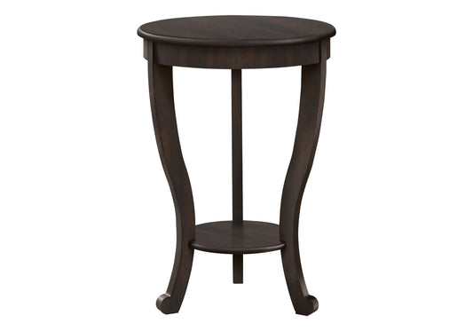 Round wooden side table with a walnut finish on a white background