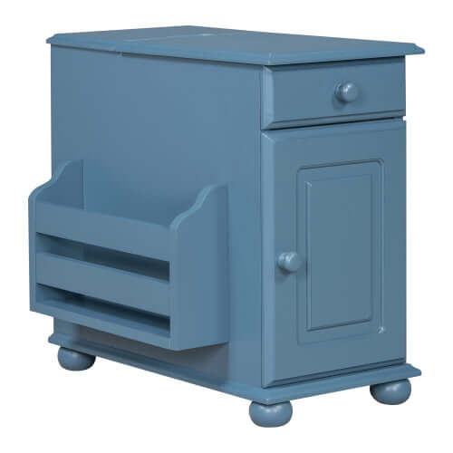 Vintage Flip-Top Sofa Table w/ USB, Cup Holders & Hidden Shelf-Blue