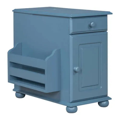 Blue end table with a drawer, cabinet and side shelf on a white background