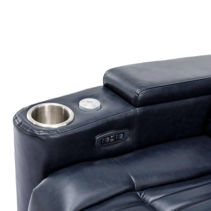 Close-up of a blue leather recliner with cup holder and control panel on a white background