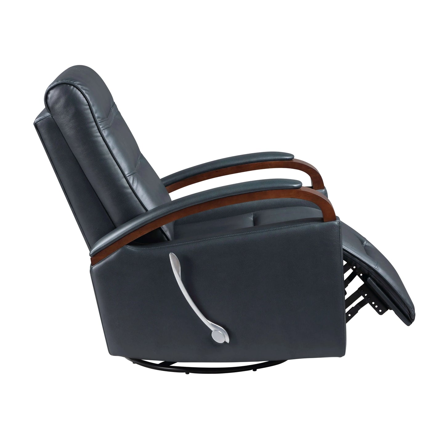Side view of a luxurious navy blue faux leather swivel glider recliner chair with brown wood armrests on a white background