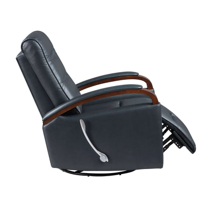 Side view of a luxurious navy blue faux leather swivel glider recliner chair with brown wood armrests on a white background