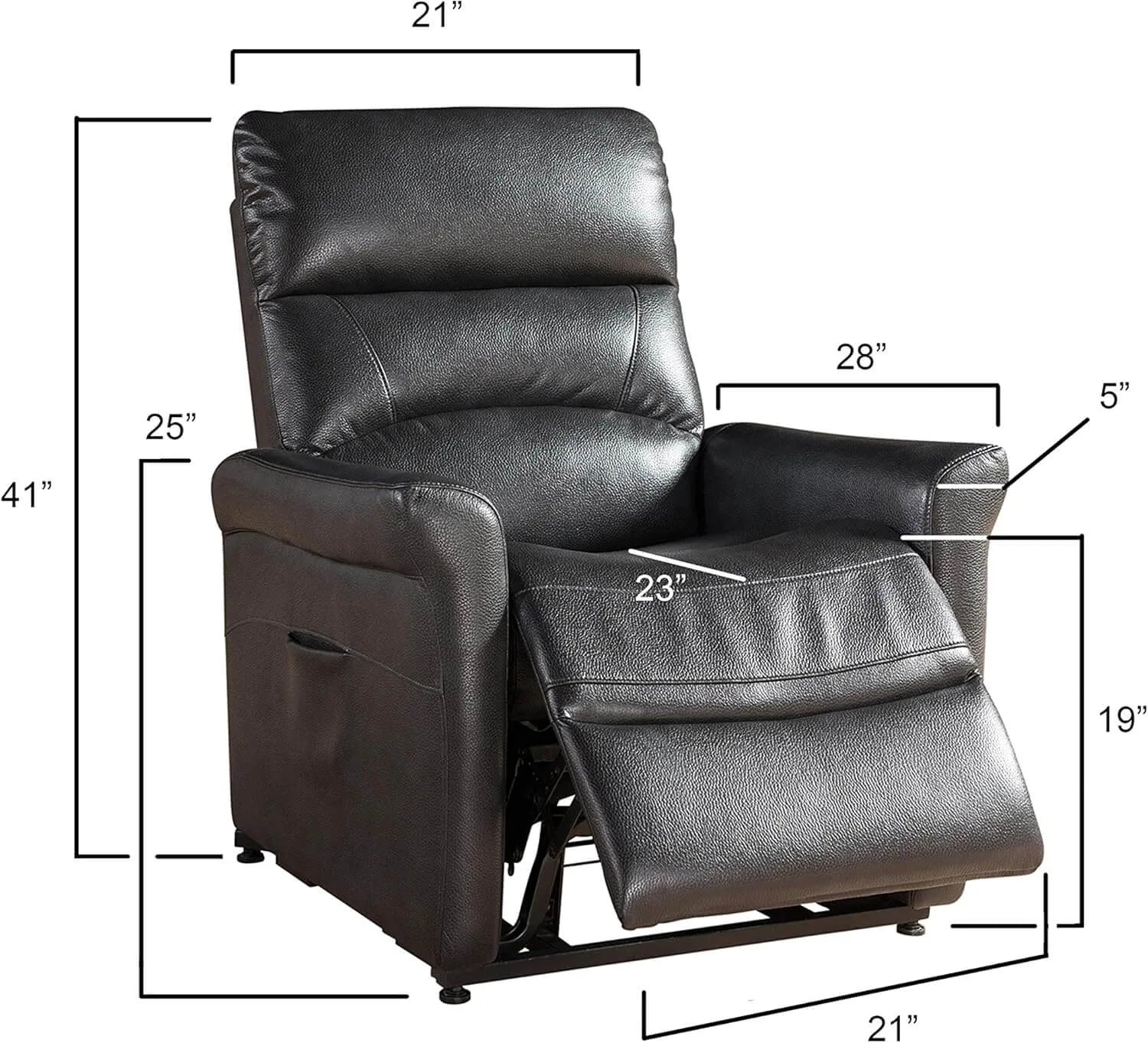 Black faux leather recliner chair with dimensions labeled on a white background