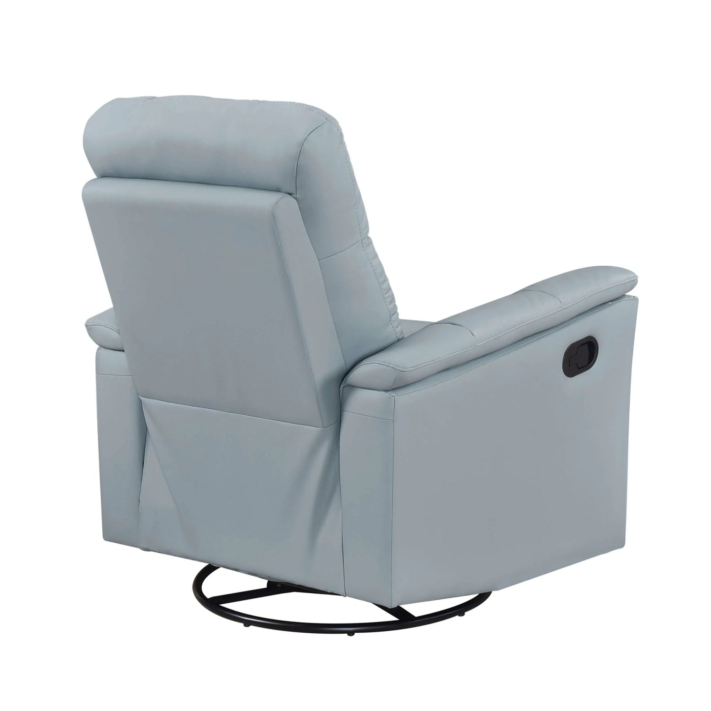 Back side view of a blue recliner chair with round black base on a white background