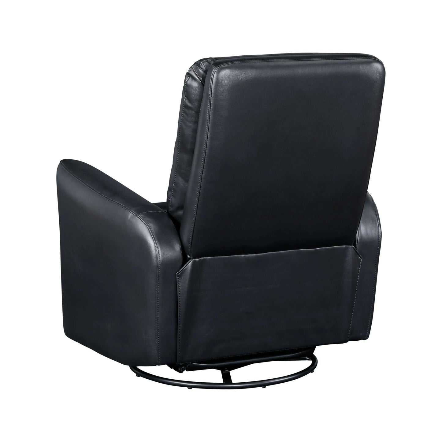 Black leather recliner chair with black metal swivel base on a white background