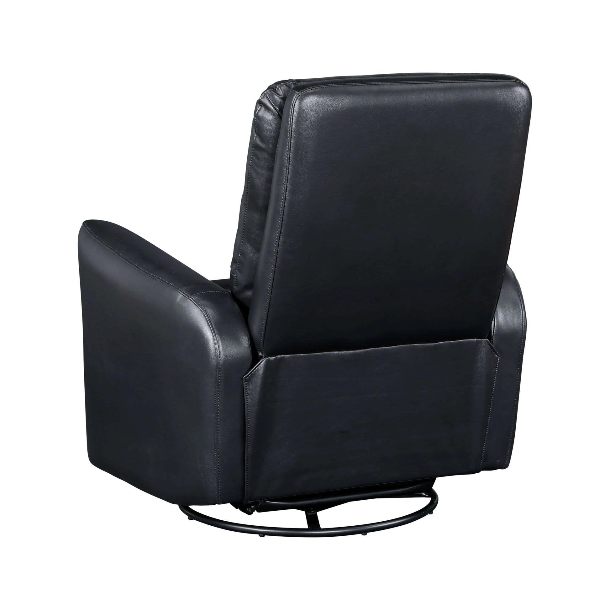 Black leather recliner chair with black metal swivel base on a white background
