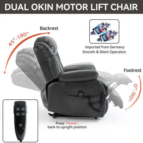 Gray Dual Okin Motor Lift Chair with features highlighted on a white background