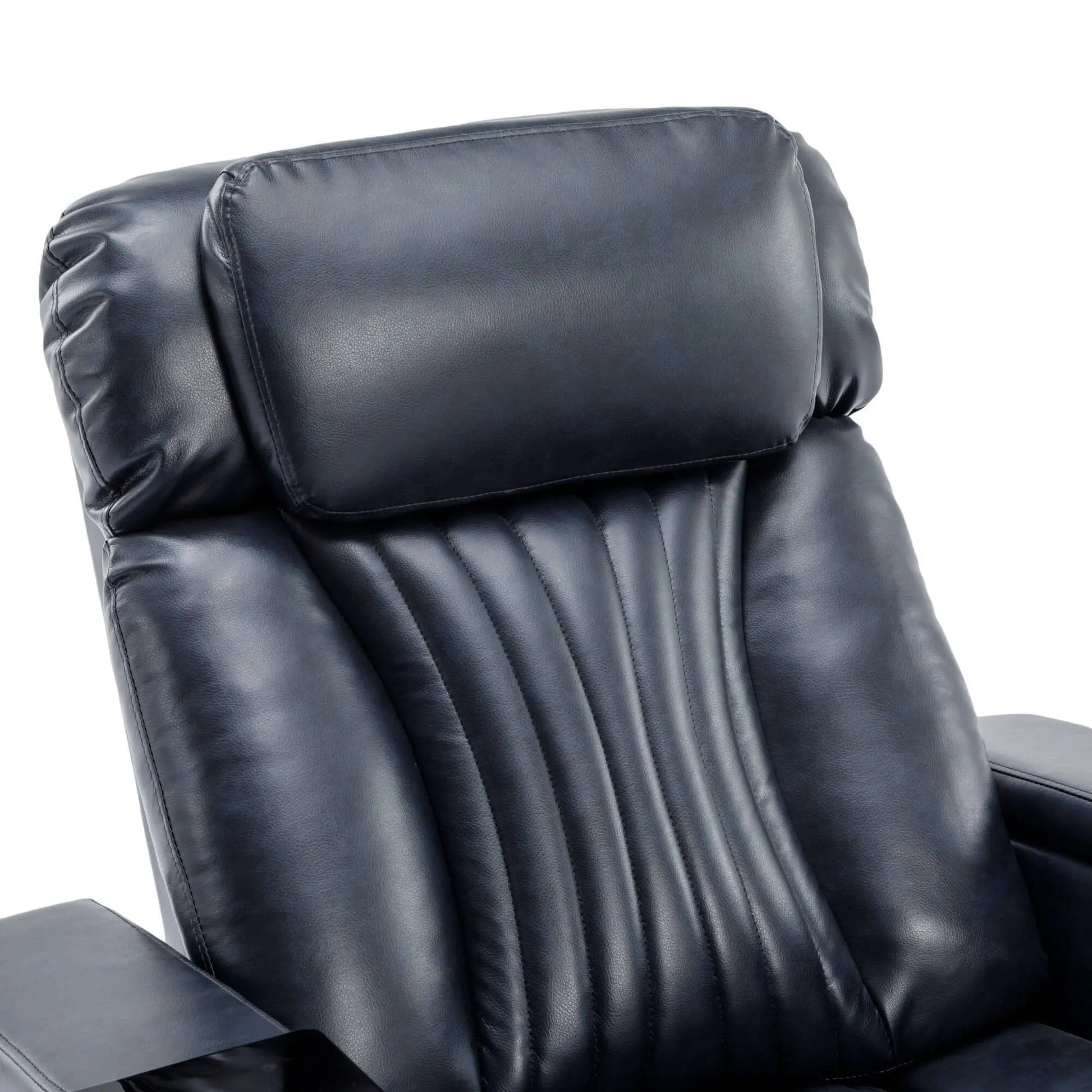 Close up of a blue leather recliner chair backrest cushion on a white background