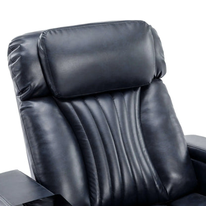 Close up of a blue leather recliner chair backrest cushion on a white background