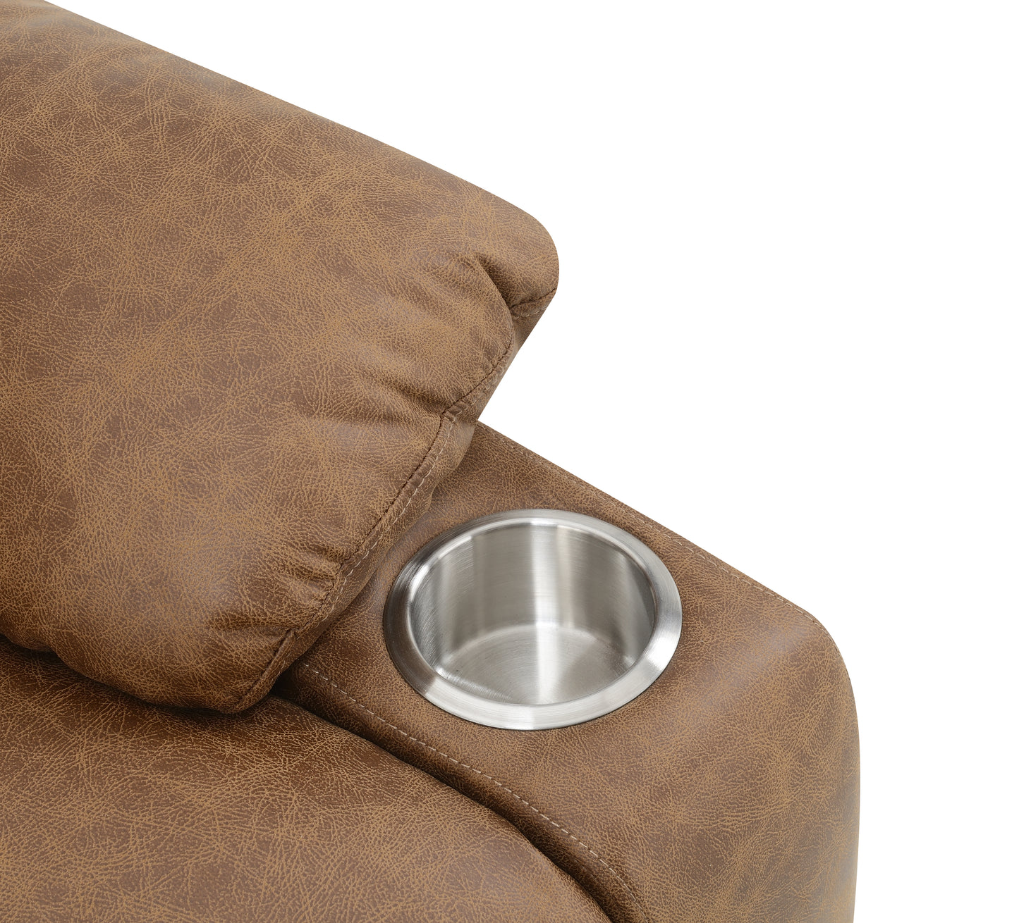 Brown leather recliner chair with a stainless steel cup holder on a white background