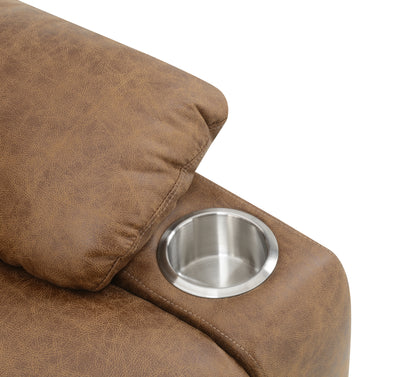 Brown leather recliner chair with a stainless steel cup holder on a white background