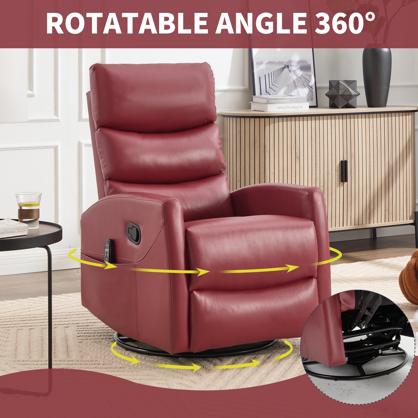 Red recliner chair with rotatable feature in a home setting