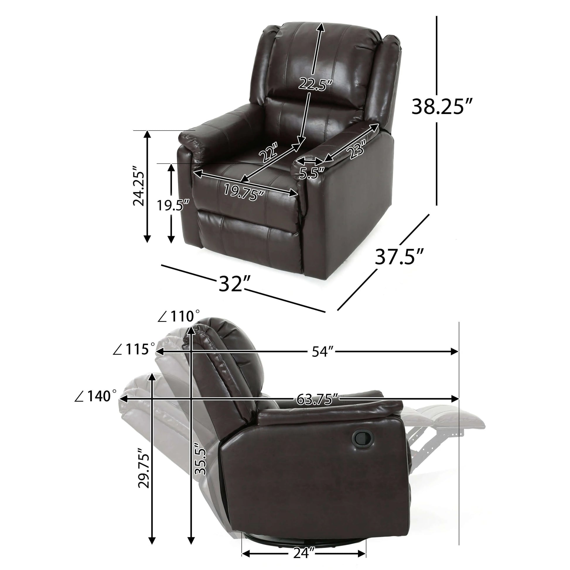 Brown leather recliner chair with dimensions labeled on a white background