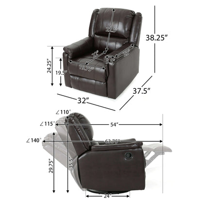 Brown leather recliner chair with dimensions labeled on a white background
