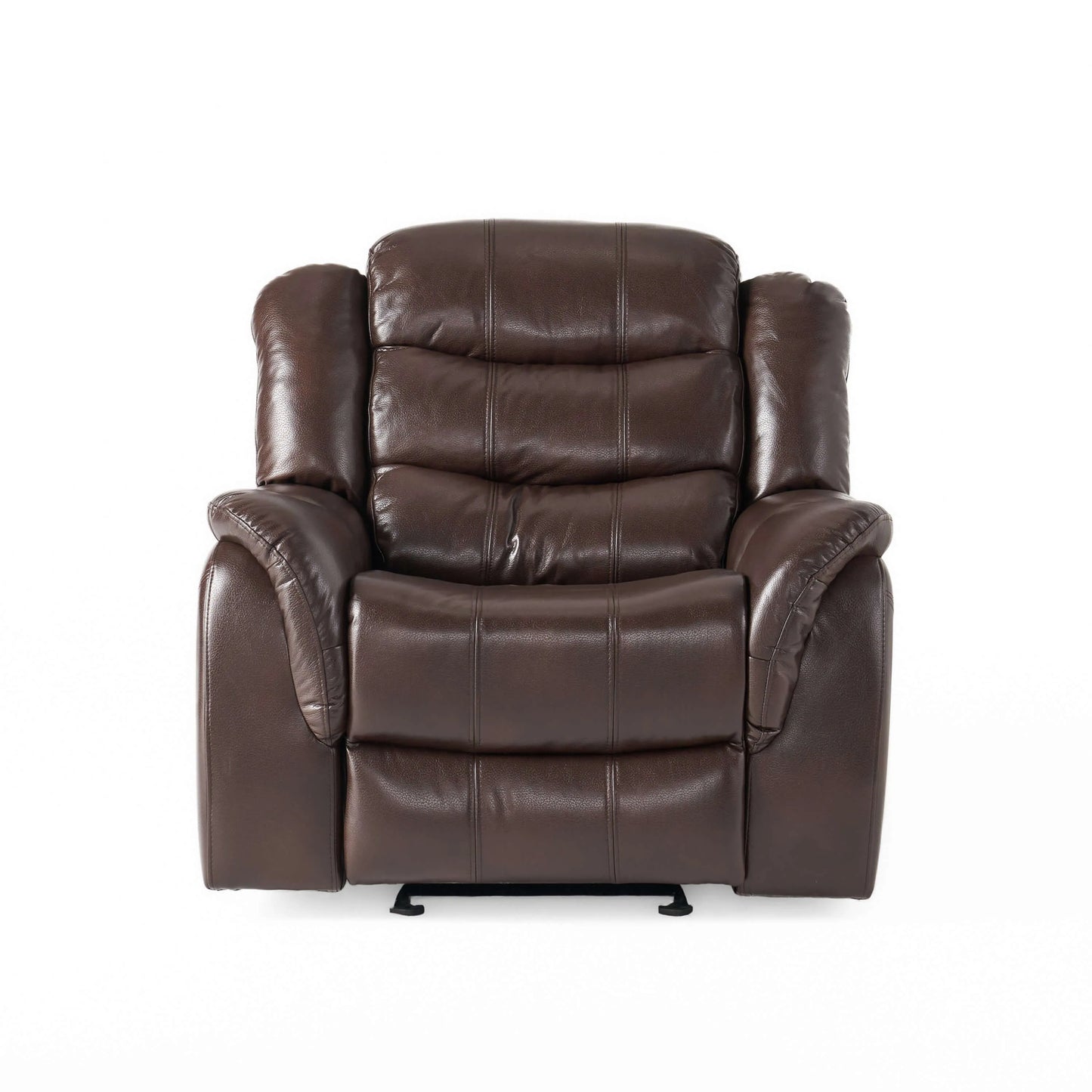 Front view of a warm dark brown faux leather glider recliner chair on a white background