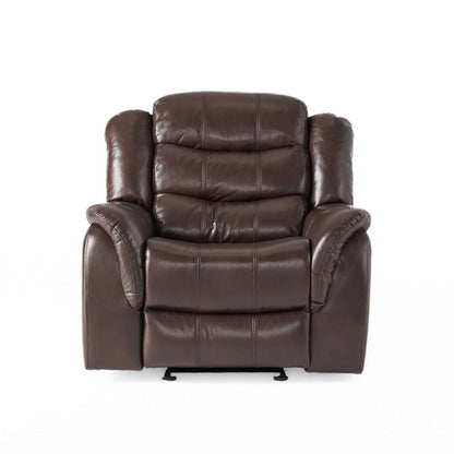 Front view of a warm dark brown faux leather glider recliner chair on a white background