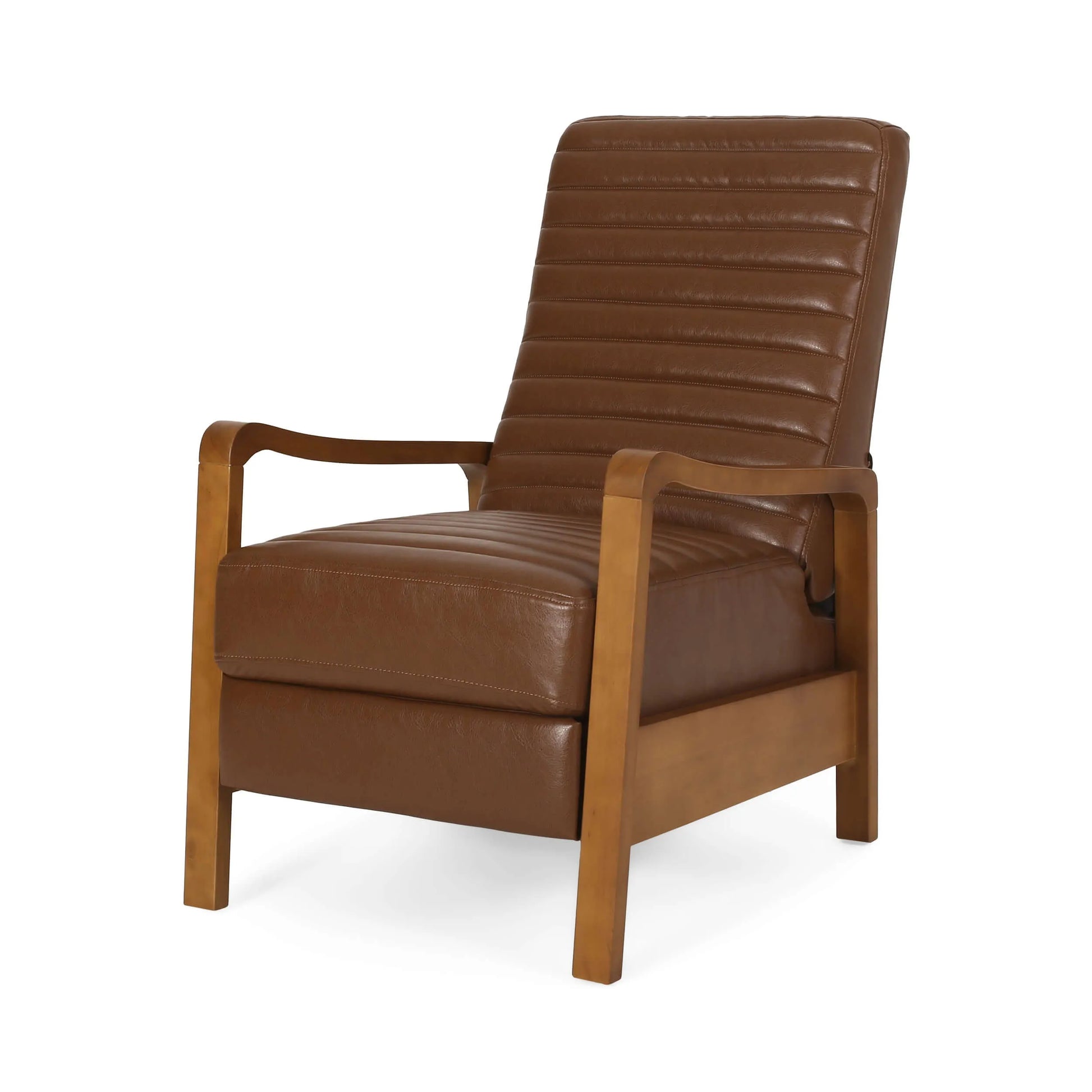 Side view of brown faux leather recliner chair on white background.