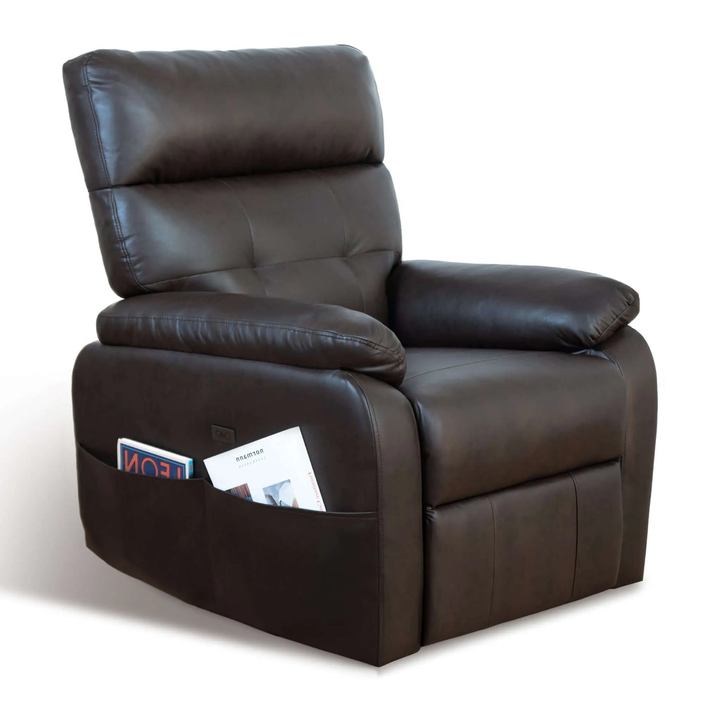 Brown leather recliner chair with magazine holder on a white background