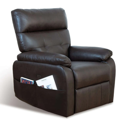 Brown leather recliner chair with magazine holder on a white background