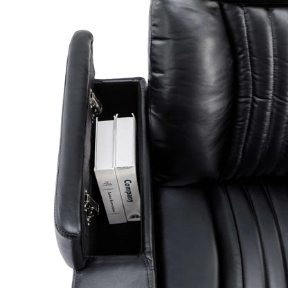 Black leather recliner chair with a hidden compartment containing documents.