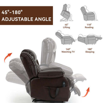 Leather Power Lift Recliner with Massage, Heat and Dual Motors-Brown