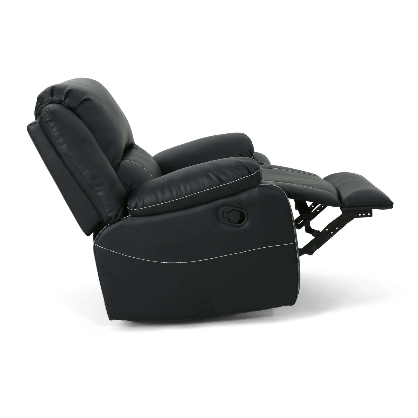 Side view of a Modern Faux Leather Manual Swivel Recliner with 360-Degree Rotation and manual controls on a white background.
