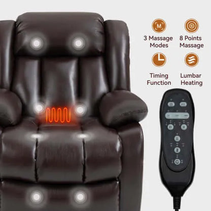 Massage recliner chair with massage functions displayed on a white background
