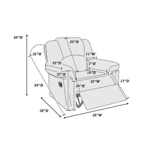 Measurement diagram of a recliner chair with dimensions labeled.