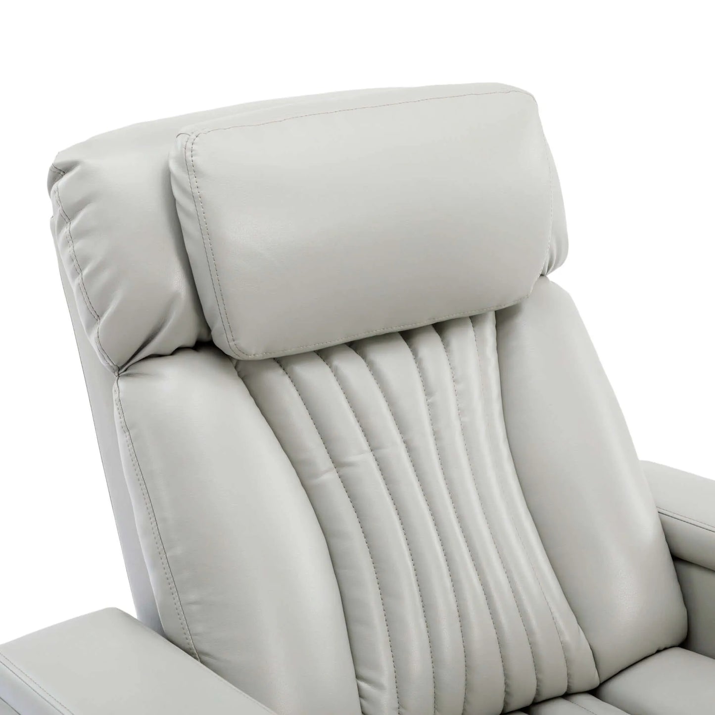 Close up of gray recliner chair headrest on a white background
