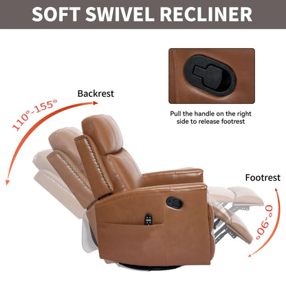 Brown soft swivel recliner chair with labeled features on a white background